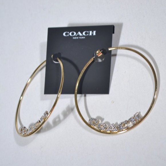 NWT COACH GOLD LOGO PAVE LARGE HOOP EARRINGS - Picture 7 of 7